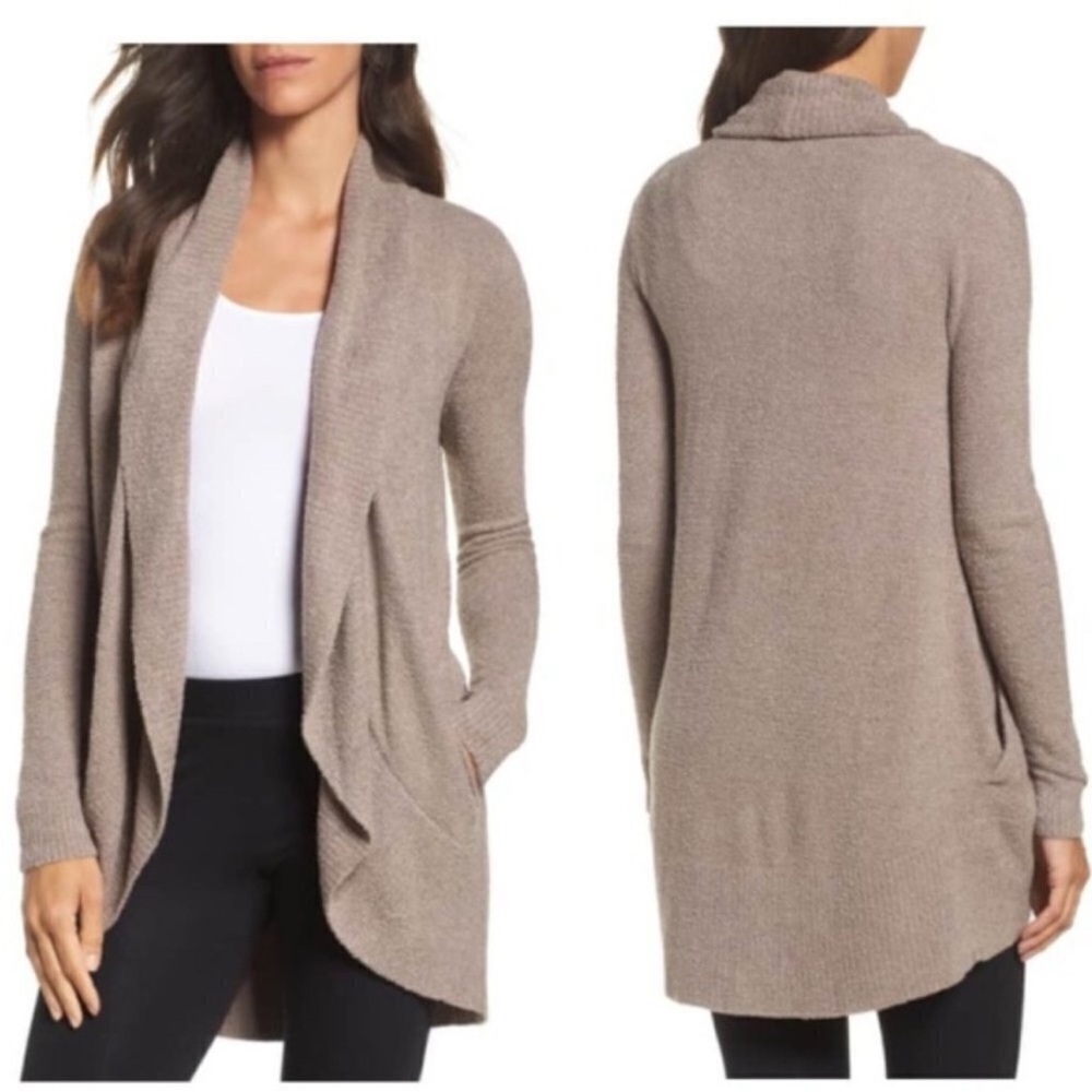 Barefoot Dreams CozyChic Lite Circle Cardigan Pockets Driftwood Brown Sweater